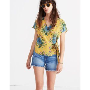 Madewell Womens XL Yellow Floral Painted Blooms Silk Tie Side Wrap Blouse Top
